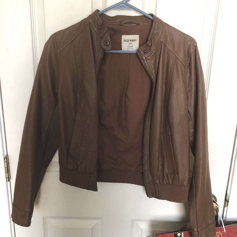 Brown Faux Leather Bomber Jacket
